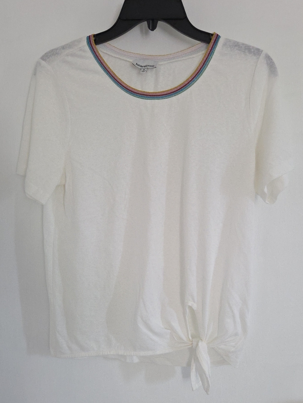 Heartloom White Short-Sleeve Tee with Rainbow Neck Trim and Front Tie